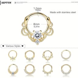 Drperfect 316L Stainless Steel Septum Rings Opal Daith Nose Rings CZ Cartilage Tragus Earrings Septum Clicker Piercing Jewerly
