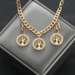 316L Stainless Steel Jewelry Set Rhinestone Tree of Life Pendant Necklace Hoop Earrings For Women Fashion Gold Gift Accessories