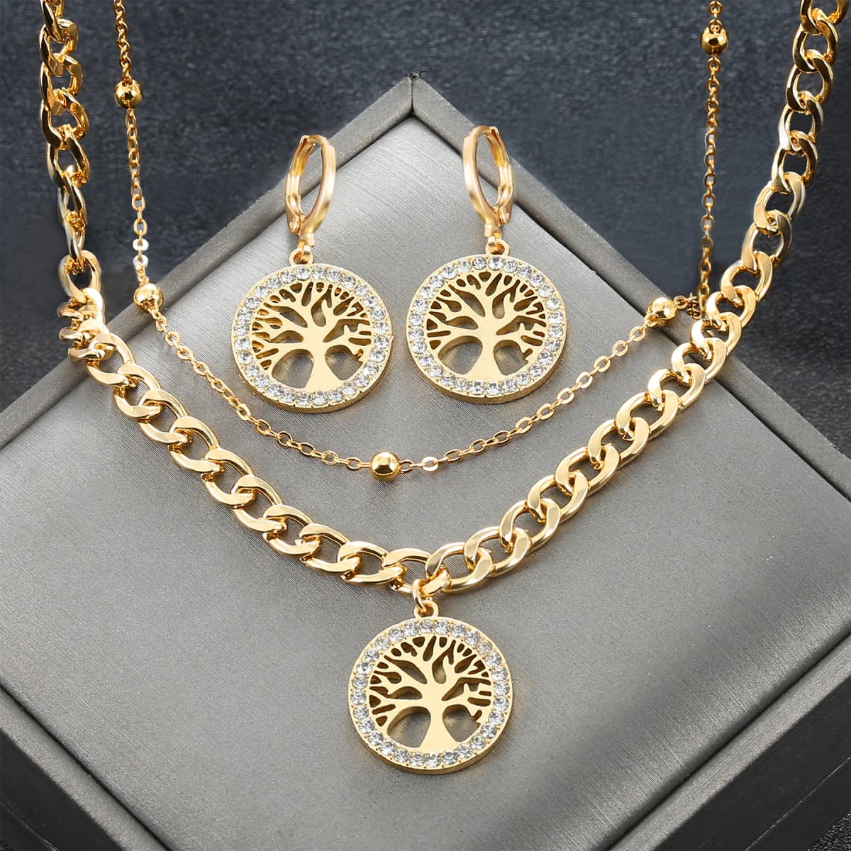 316L Stainless Steel Jewelry Set Rhinestone Tree of Life Pendant Necklace Hoop Earrings For Women Fashion Gold Gift Accessories