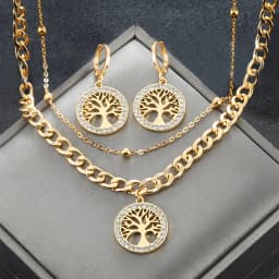 316L Stainless Steel Jewelry Set Rhinestone Tree of Life Pendant Necklace Hoop Earrings For Women Fashion Gold Gift Accessories