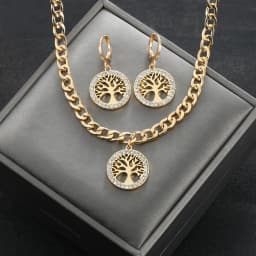 316L Stainless Steel Jewelry Set Rhinestone Tree of Life Pendant Necklace Hoop Earrings For Women Fashion Gold Gift Accessories