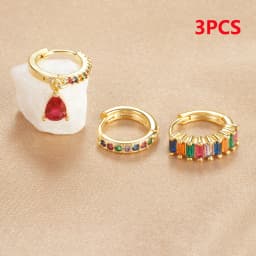 3PCS Colorful Cubic Zirconia Stainless Steel Hoop Earrings Set for Women Pendant Water Drop Earring Cartilage Piercing Jewelry