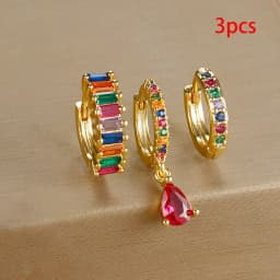3PCS Colorful Cubic Zirconia Stainless Steel Hoop Earrings Set for Women Pendant Water Drop Earring Cartilage Piercing Jewelry