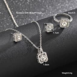 Luxury Square Zircon Crystal Earring Necklace Ring 3 Piece Set for Women Silver Color Princess Bride Wedding Banquet Jewelry Set