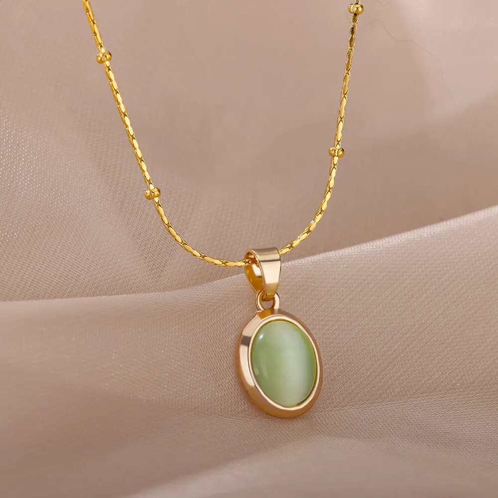 Fashion Stone Opal Oval Necklace For Women Stainless Steel Gold Color Oval Stone Pendant Necklace Wedding Aesthetic Jewelry Gift