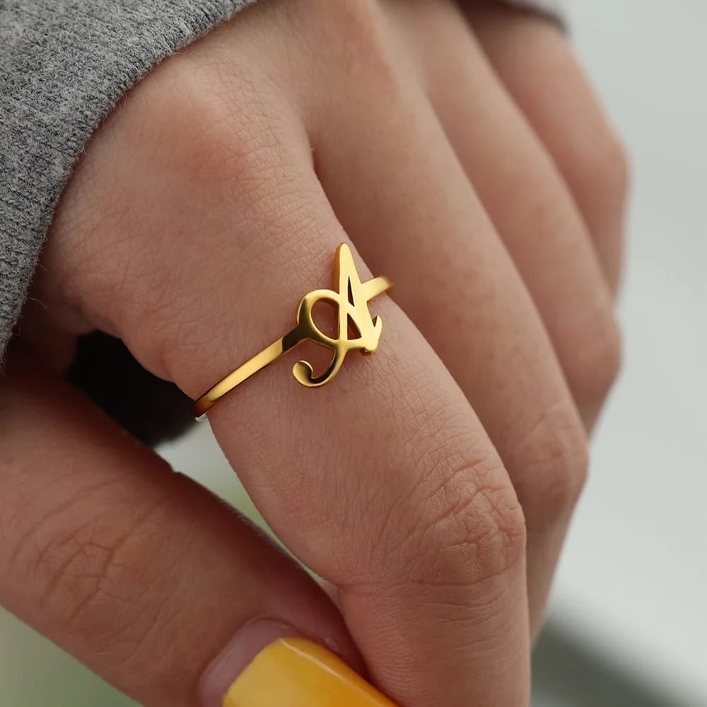Initial Letter Rings For Women Gold Color Stainless Steel A-Z Letter Adjustable Ring Aesthetic Wedding Christmas Jewelry Gift