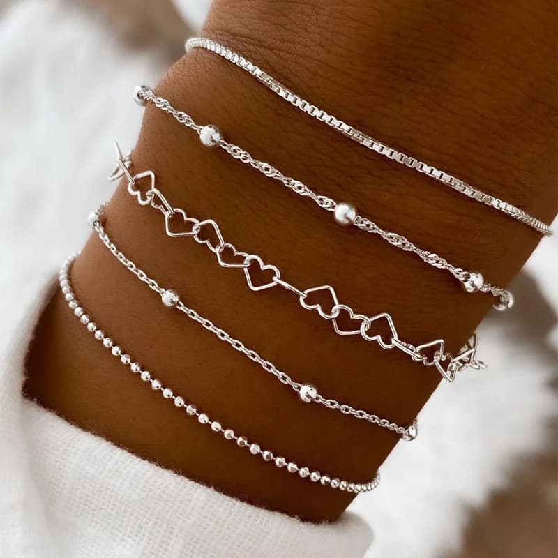5pcs/set Exquisite Gold/Silver Color Thin Heart Chain Bracelets Set For Women Daily Wear Jewelry Accessories