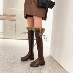 Cuffed Faux Fur Thick-Soled Over-The-Knee Boots Lace-Up Side Buckle Sweet Thick-Heeled Boots Warm And Comfortable Women's Shoes