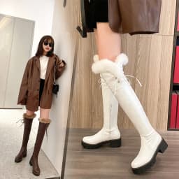 Cuffed Faux Fur Thick-Soled Over-The-Knee Boots Lace-Up Side Buckle Sweet Thick-Heeled Boots Warm And Comfortable Women's Shoes