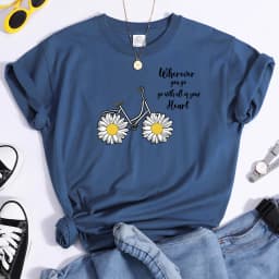 Women's Tshirt Daisy Bike Personalized Text T-Shirts Crewneck Vintage Short Sleeve Tops Korean Style Solid Color Women Tshirt