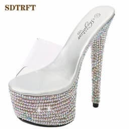 SDTRFT Summer 20cm Stiletto Transparent PVC Slippers 13cm Shoes Woman 15cm Thin Heels Open Toe Sexy 17cm Sandals Diamond Pumps