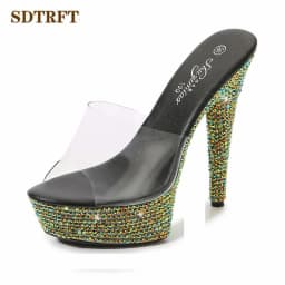 SDTRFT Summer 20cm Stiletto Transparent PVC Slippers 13cm Shoes Woman 15cm Thin Heels Open Toe Sexy 17cm Sandals Diamond Pumps