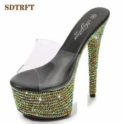 SDTRFT Summer 20cm Stiletto Transparent PVC Slippers 13cm Shoes Woman 15cm Thin Heels Open Toe Sexy 17cm Sandals Diamond Pumps
