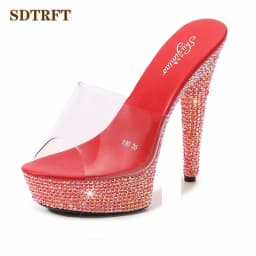 SDTRFT Summer 20cm Stiletto Transparent PVC Slippers 13cm Shoes Woman 15cm Thin Heels Open Toe Sexy 17cm Sandals Diamond Pumps