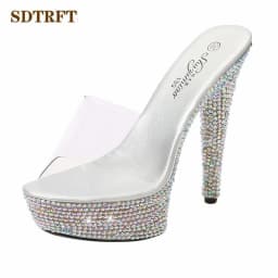 SDTRFT Summer 20cm Stiletto Transparent PVC Slippers 13cm Shoes Woman 15cm Thin Heels Open Toe Sexy 17cm Sandals Diamond Pumps