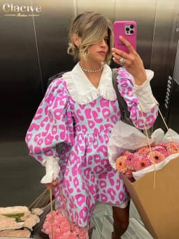 Clacive Fashion Print Women Dress 2022 Casual Chic Doll Collar Lantern Sleeve Mini Dresses Elegant Loose Patchwork Female Dress