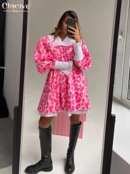 Clacive Fashion Print Women Dress 2022 Casual Chic Doll Collar Lantern Sleeve Mini Dresses Elegant Loose Patchwork Female Dress