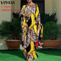 Women Kaftan Dress 2023 VONDA Summer Vintage Leopard Print Party Long Maxi Dress Casual Long Sleeve Pleated Robe Beach Vestidos