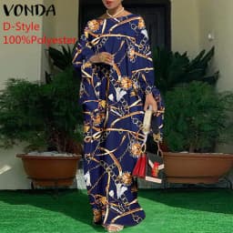 Women Kaftan Dress 2023 VONDA Summer Vintage Leopard Print Party Long Maxi Dress Casual Long Sleeve Pleated Robe Beach Vestidos