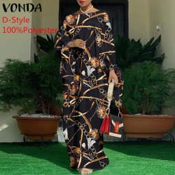 Women Kaftan Dress 2023 VONDA Summer Vintage Leopard Print Party Long Maxi Dress Casual Long Sleeve Pleated Robe Beach Vestidos