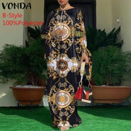 Women Kaftan Dress 2023 VONDA Summer Vintage Leopard Print Party Long Maxi Dress Casual Long Sleeve Pleated Robe Beach Vestidos