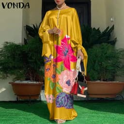 Women Kaftan Dress 2023 VONDA Summer Vintage Leopard Print Party Long Maxi Dress Casual Long Sleeve Pleated Robe Beach Vestidos