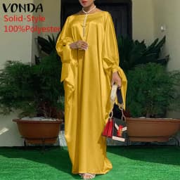 Women Kaftan Dress 2023 VONDA Summer Vintage Leopard Print Party Long Maxi Dress Casual Long Sleeve Pleated Robe Beach Vestidos