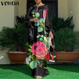 Women Kaftan Dress 2023 VONDA Summer Vintage Leopard Print Party Long Maxi Dress Casual Long Sleeve Pleated Robe Beach Vestidos