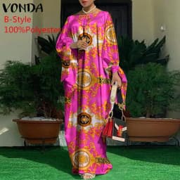 Women Kaftan Dress 2023 VONDA Summer Vintage Leopard Print Party Long Maxi Dress Casual Long Sleeve Pleated Robe Beach Vestidos