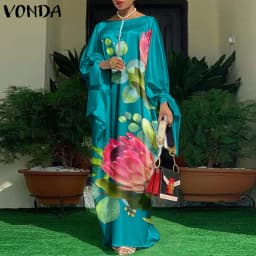 Women Kaftan Dress 2023 VONDA Summer Vintage Leopard Print Party Long Maxi Dress Casual Long Sleeve Pleated Robe Beach Vestidos