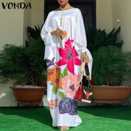 Women Kaftan Dress 2023 VONDA Summer Vintage Leopard Print Party Long Maxi Dress Casual Long Sleeve Pleated Robe Beach Vestidos