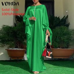 Women Kaftan Dress 2023 VONDA Summer Vintage Leopard Print Party Long Maxi Dress Casual Long Sleeve Pleated Robe Beach Vestidos