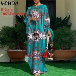 Women Kaftan Dress 2023 VONDA Summer Vintage Leopard Print Party Long Maxi Dress Casual Long Sleeve Pleated Robe Beach Vestidos