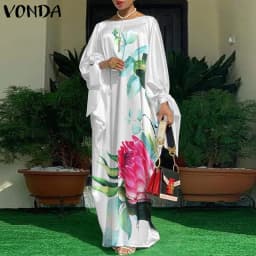 Women Kaftan Dress 2023 VONDA Summer Vintage Leopard Print Party Long Maxi Dress Casual Long Sleeve Pleated Robe Beach Vestidos