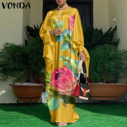 Women Kaftan Dress 2023 VONDA Summer Vintage Leopard Print Party Long Maxi Dress Casual Long Sleeve Pleated Robe Beach Vestidos