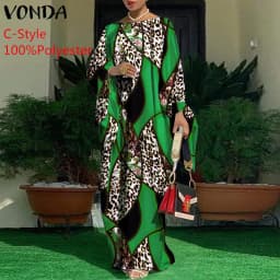 Women Kaftan Dress 2023 VONDA Summer Vintage Leopard Print Party Long Maxi Dress Casual Long Sleeve Pleated Robe Beach Vestidos