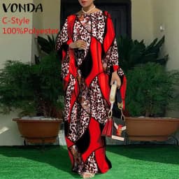 Women Kaftan Dress 2023 VONDA Summer Vintage Leopard Print Party Long Maxi Dress Casual Long Sleeve Pleated Robe Beach Vestidos