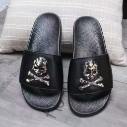 Summer Fashion Men's Leather Slippers Couple Beach Shoes Skull Sandals Slippers Antiskid Open Toe Flip Flops Big Size Slides