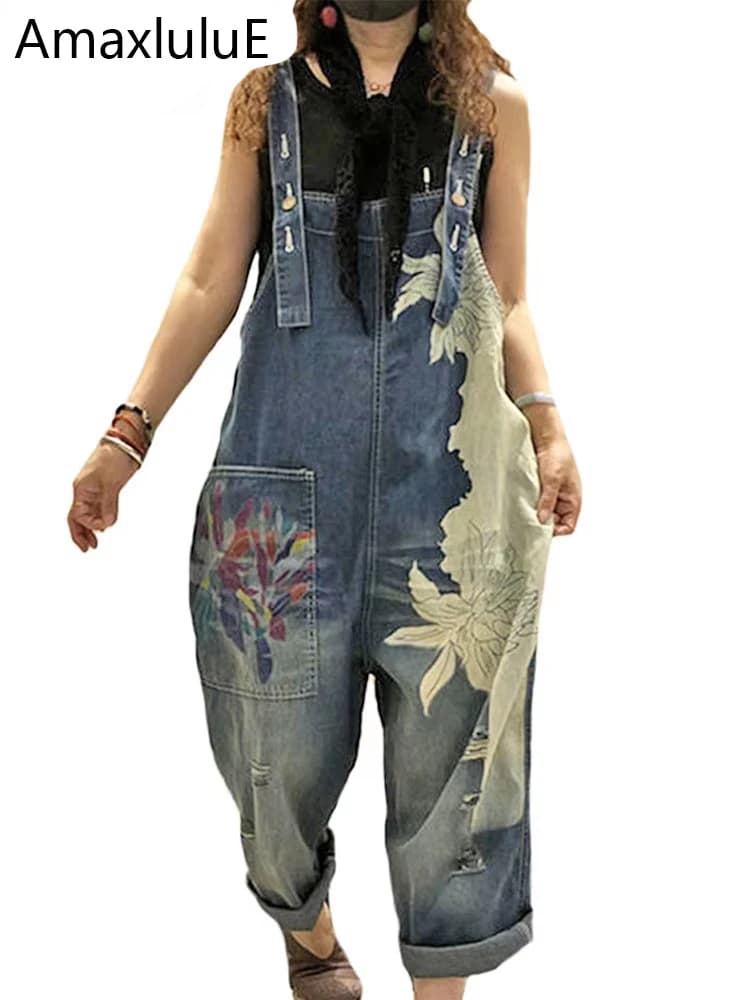 Amax LuluE 2025 Korean Fashion Spring Female Printed Denim Overalls Ladies Vintage Casual Jeans Women Loose Trousers Wide Pants