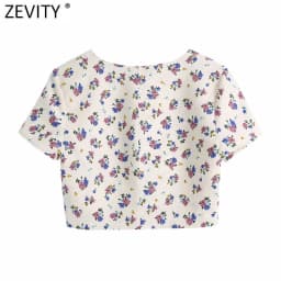 Women Vintage Square Collar Floral Print Short Shirt Double Breasted Casual Linen Blouses Lady Roupas Femininas Crop Tops LS9182
