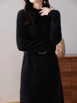Wool Dress Women's Round Neck Solid Color Long Double-Pocket Sweater Autumn And Winter New Loose Cashmere Knit Bottoming Shirt
