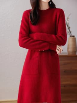 Wool Dress Women's Round Neck Solid Color Long Double-Pocket Sweater Autumn And Winter New Loose Cashmere Knit Bottoming Shirt