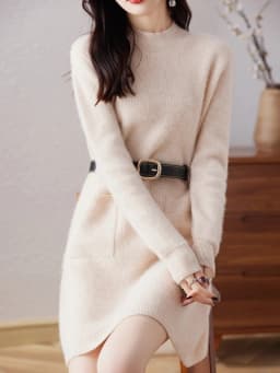 Wool Dress Women's Round Neck Solid Color Long Double-Pocket Sweater Autumn And Winter New Loose Cashmere Knit Bottoming Shirt