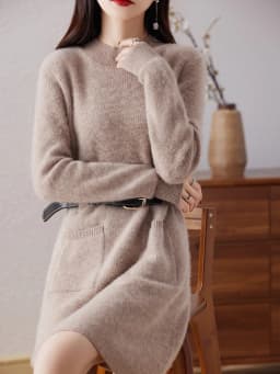 Wool Dress Women's Round Neck Solid Color Long Double-Pocket Sweater Autumn And Winter New Loose Cashmere Knit Bottoming Shirt