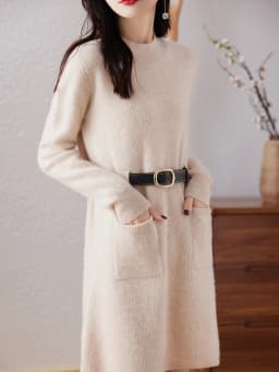 Wool Dress Women's Round Neck Solid Color Long Double-Pocket Sweater Autumn And Winter New Loose Cashmere Knit Bottoming Shirt