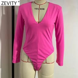 Zevity New Women Sexy V Neck Solid Color Slim Bodysuits Lady Chic High Street Back Zipper Club Party Playsuits Rompers LS9857