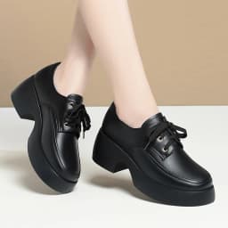 2024 Elegant Versatile Lace Up Comfortable Soft Leather Shoes Woman New Retro Thick Sole High Heel Casual Single Shoes