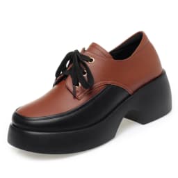 2024 Elegant Versatile Lace Up Comfortable Soft Leather Shoes Woman New Retro Thick Sole High Heel Casual Single Shoes
