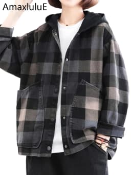 Amax luluE 2025 New Autumn Style Plaid Printed Jackets Hooded Woman Pockets Vintage Clothing Ladies Loose Casual Buttons Coats