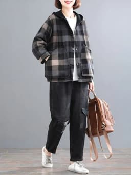 Amax luluE 2025 New Autumn Style Plaid Printed Jackets Hooded Woman Pockets Vintage Clothing Ladies Loose Casual Buttons Coats